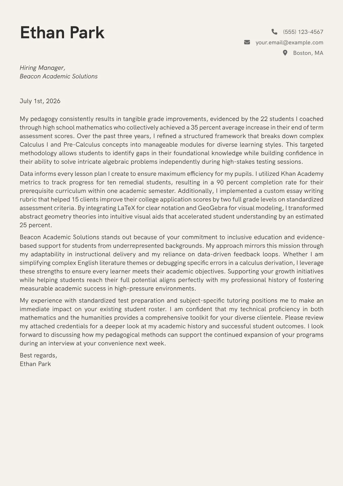 Tutor cover letter in the Creative design