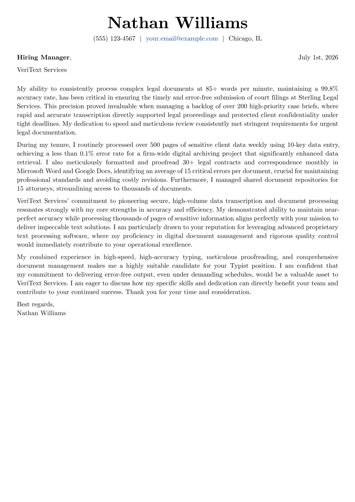 Typist cover letter formatted with a JobSprout template
