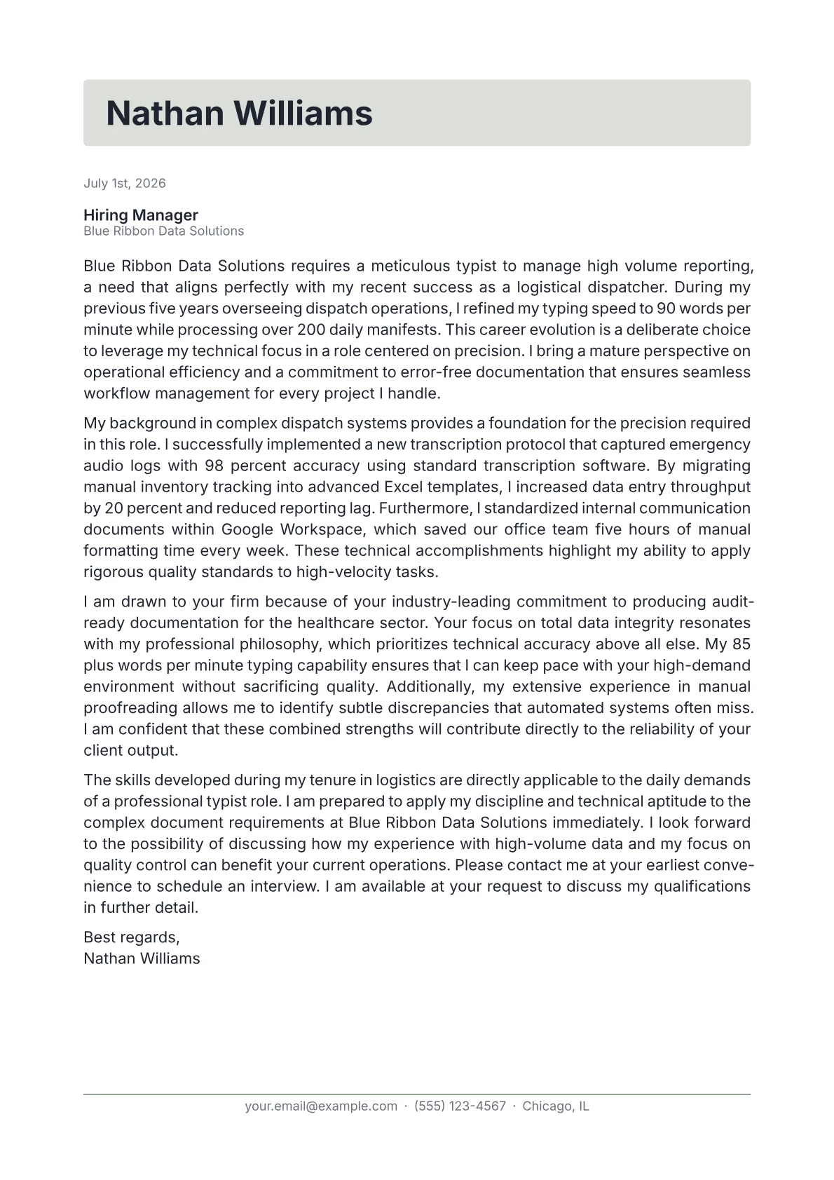 Typist cover letter in the Letterhead design