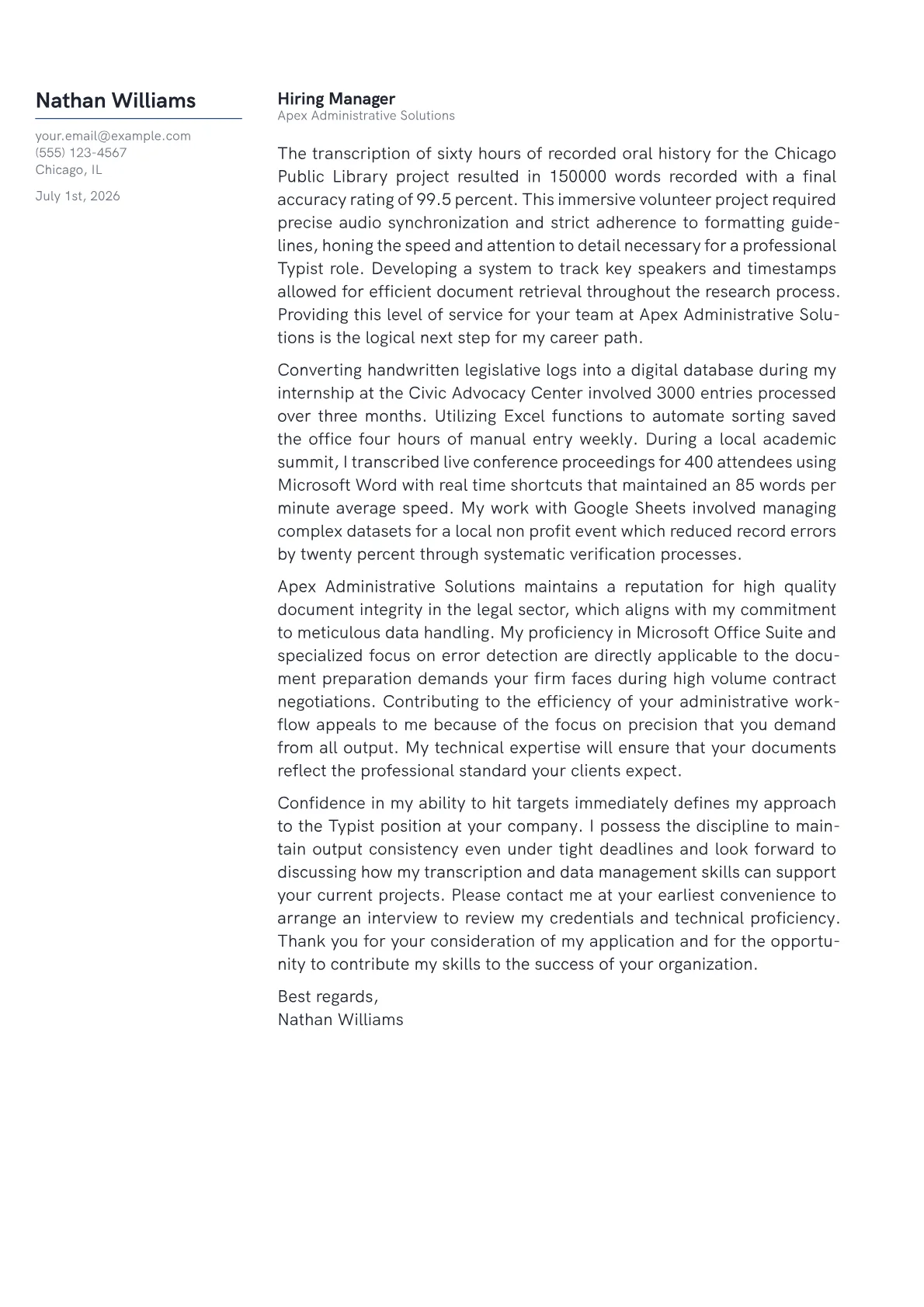 Typist cover letter in the Margin design
