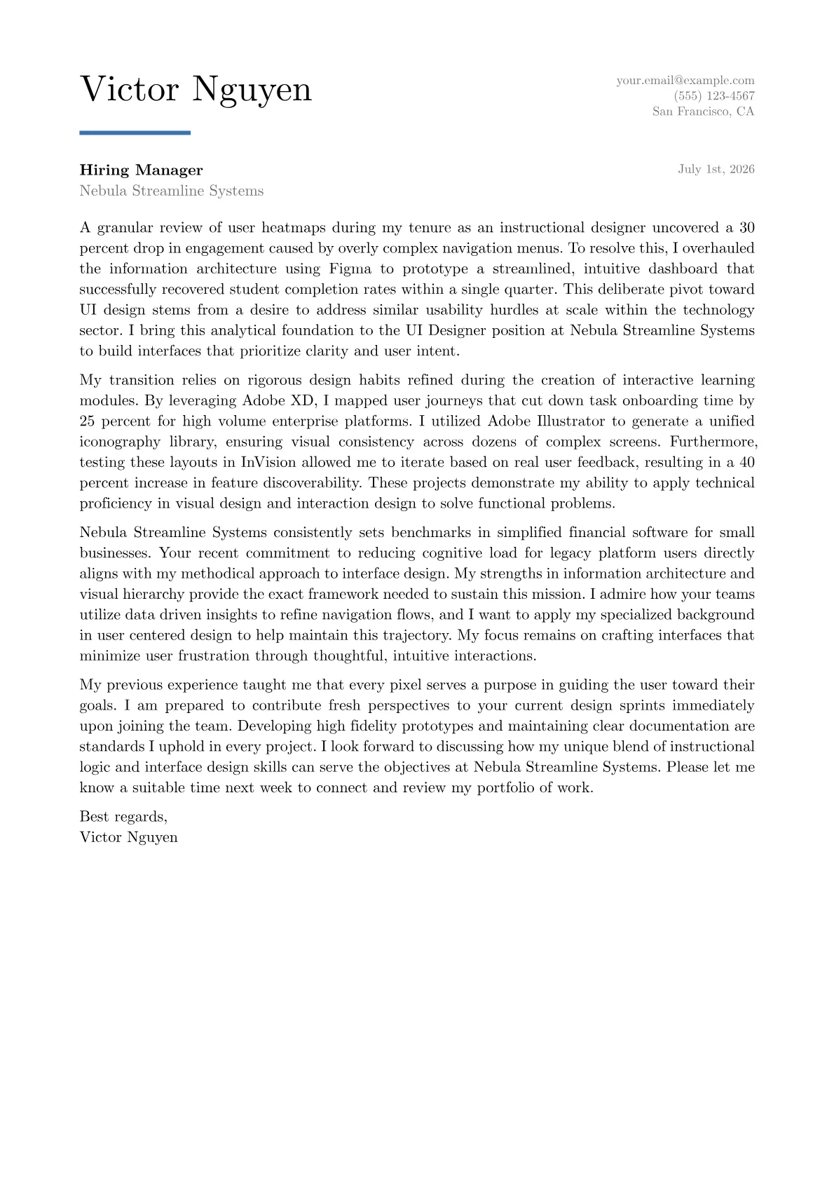 UI Designer cover letter in the Executive design