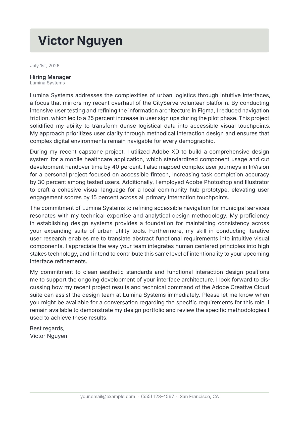 UI Designer cover letter in the Letterhead design