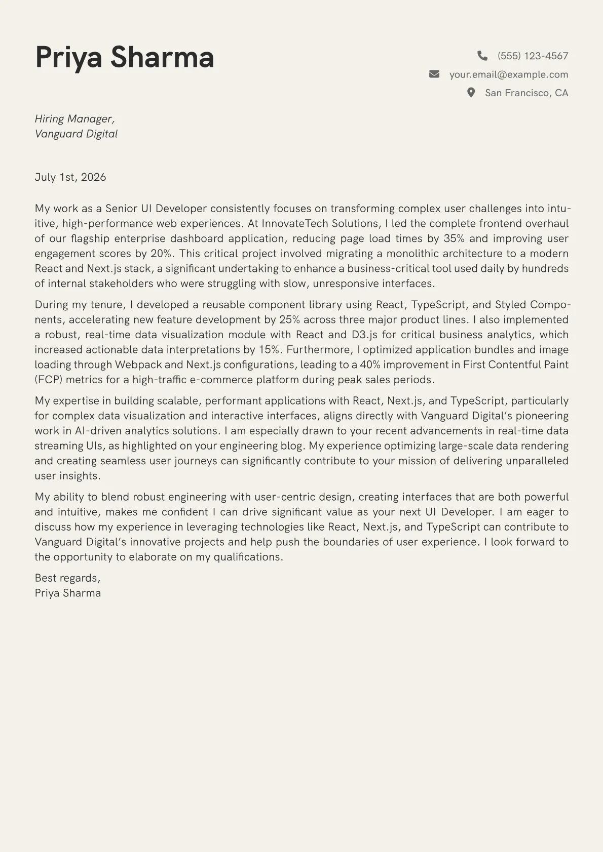 UI Developer cover letter formatted with a JobSprout template
