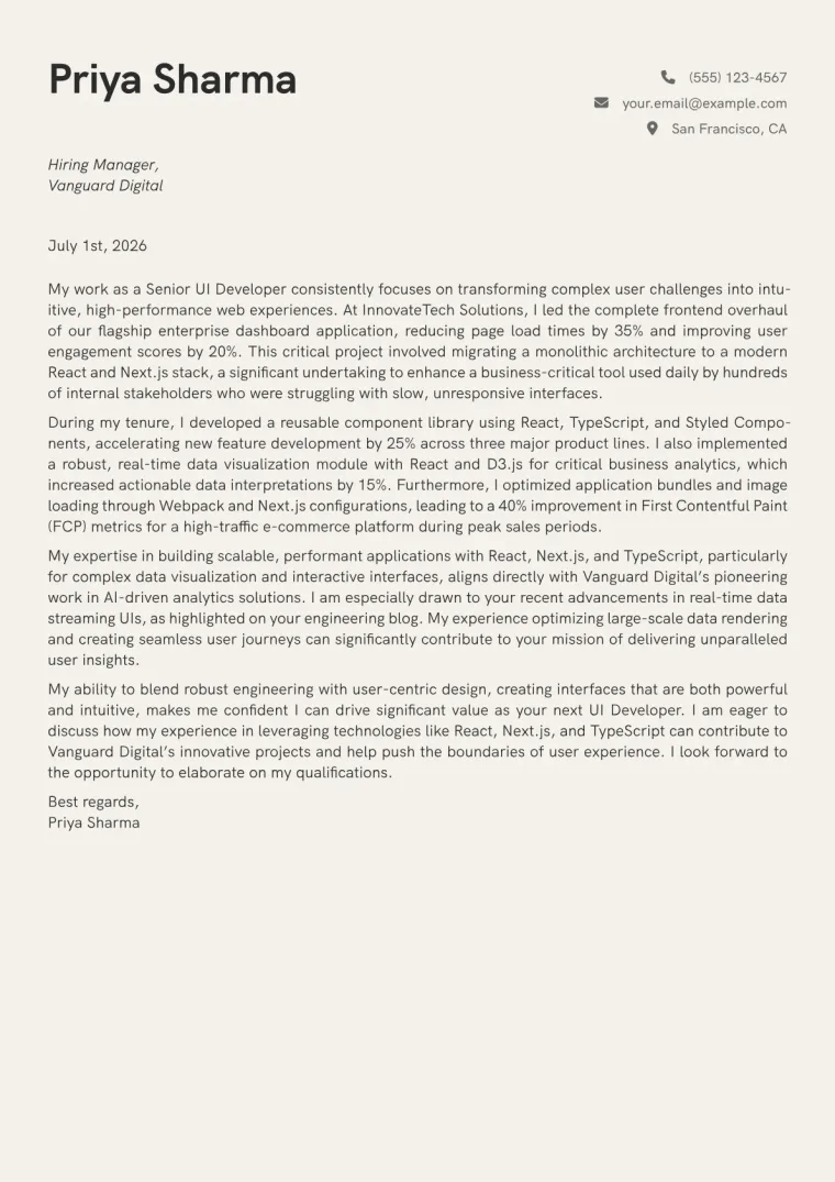 UI Developer cover letter example preview