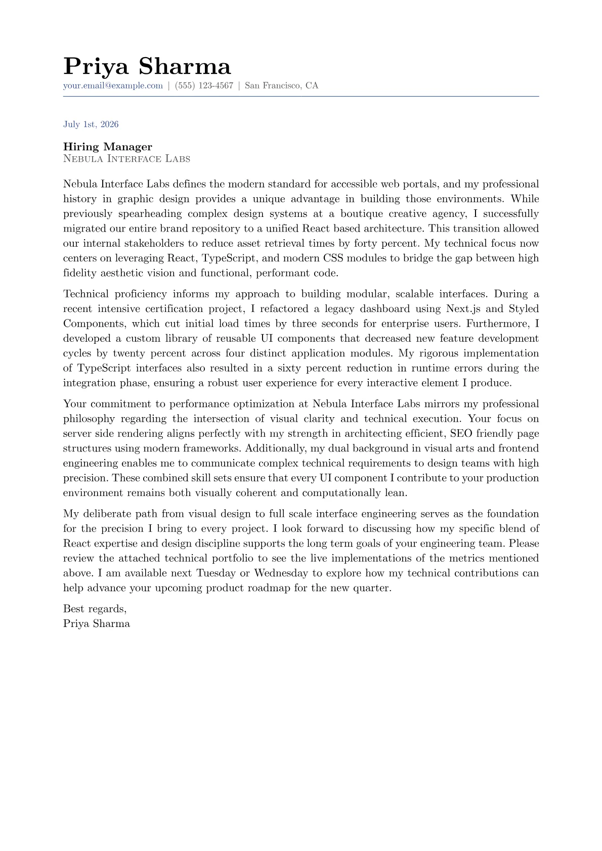 UI Developer cover letter in the Classic design
