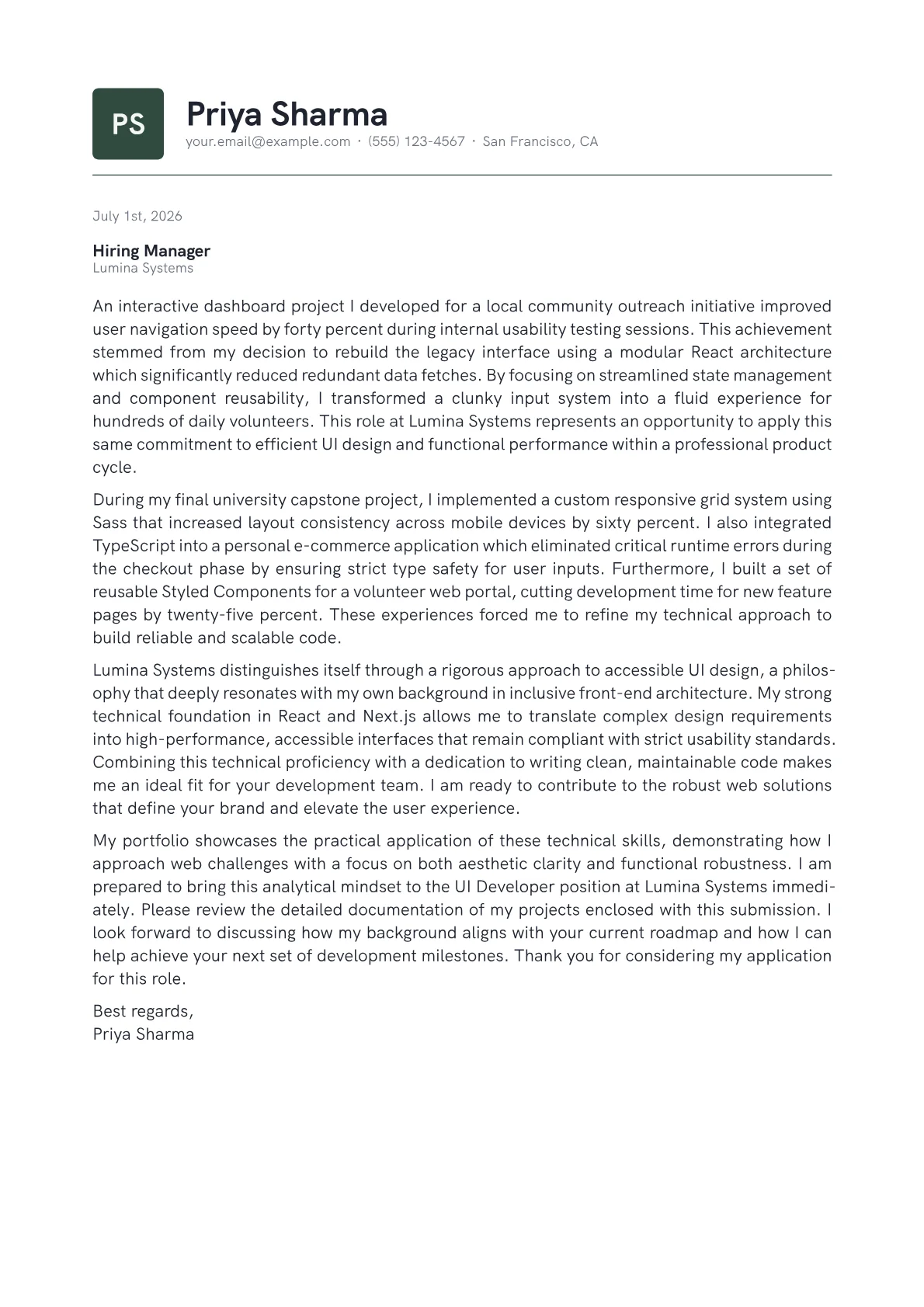 UI Developer cover letter in the Emblem design