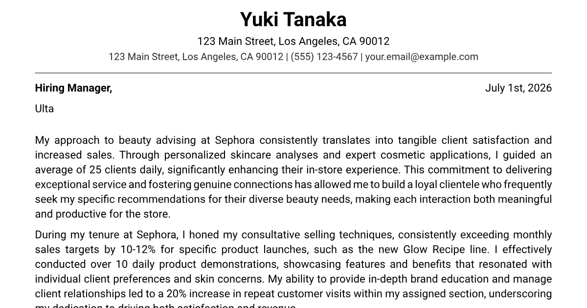 Client Servives Job Apllication Example Ulta Cover Letter Example + Template (2026)