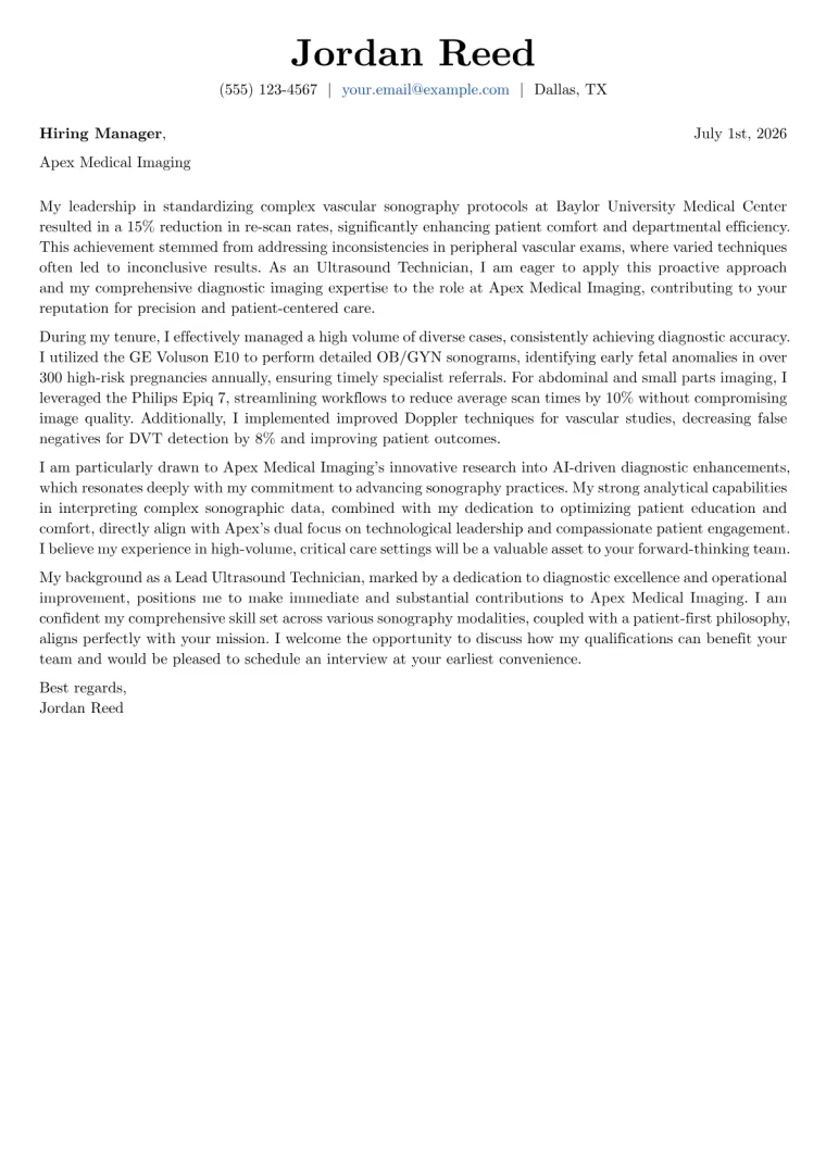 Ultrasound Technician Cover Letter Example