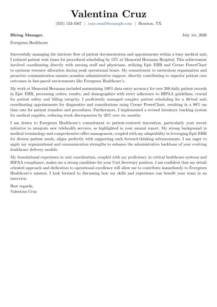 Unit Secretary cover letter example preview