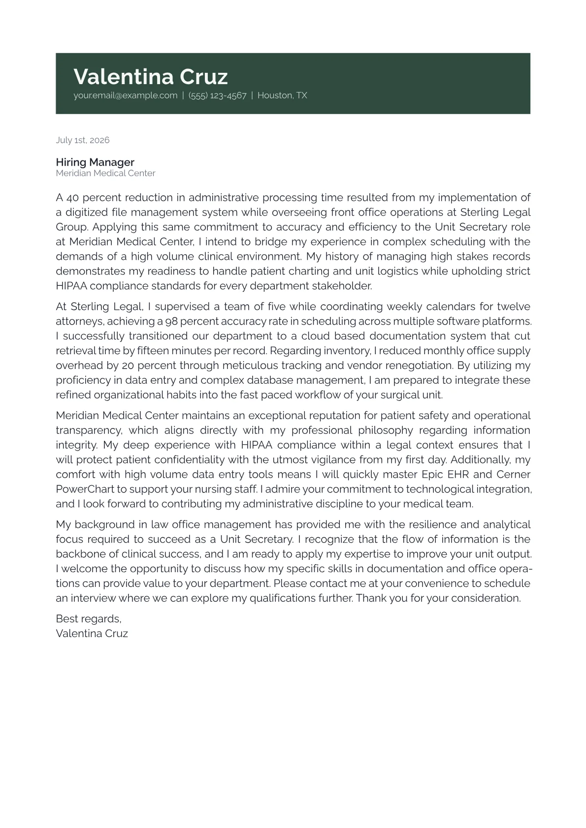 Unit Secretary cover letter in the Banner design