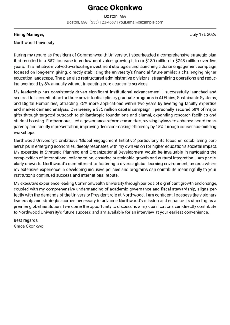 University President cover letter example