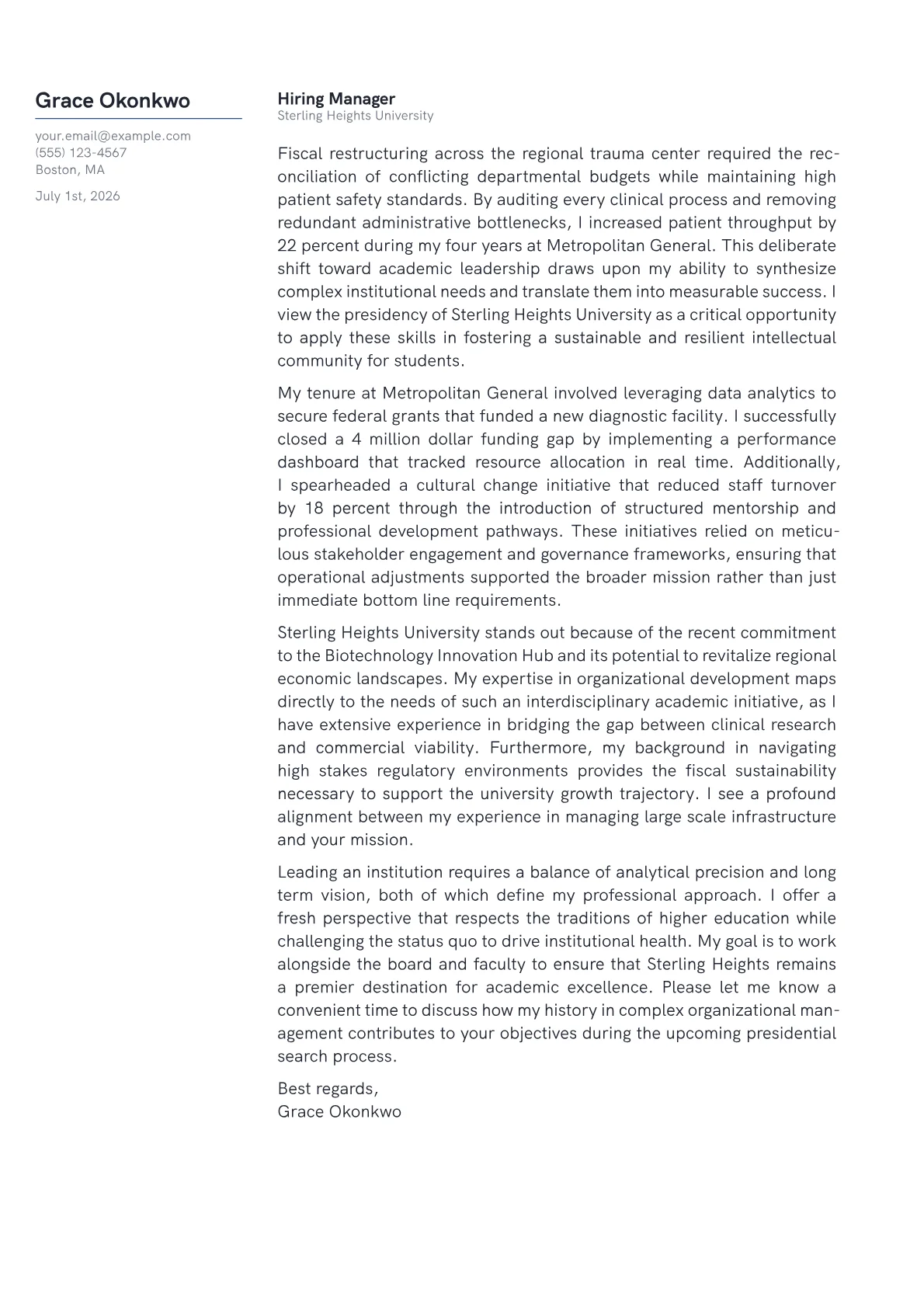 University President cover letter in the Margin design