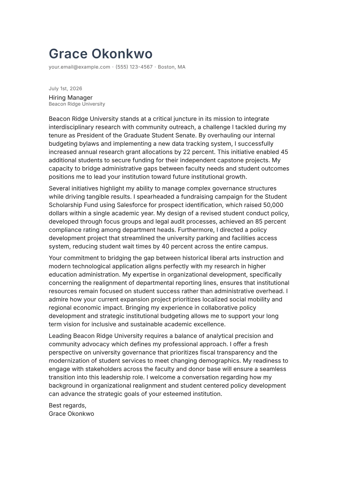 University President cover letter in the Minimal design
