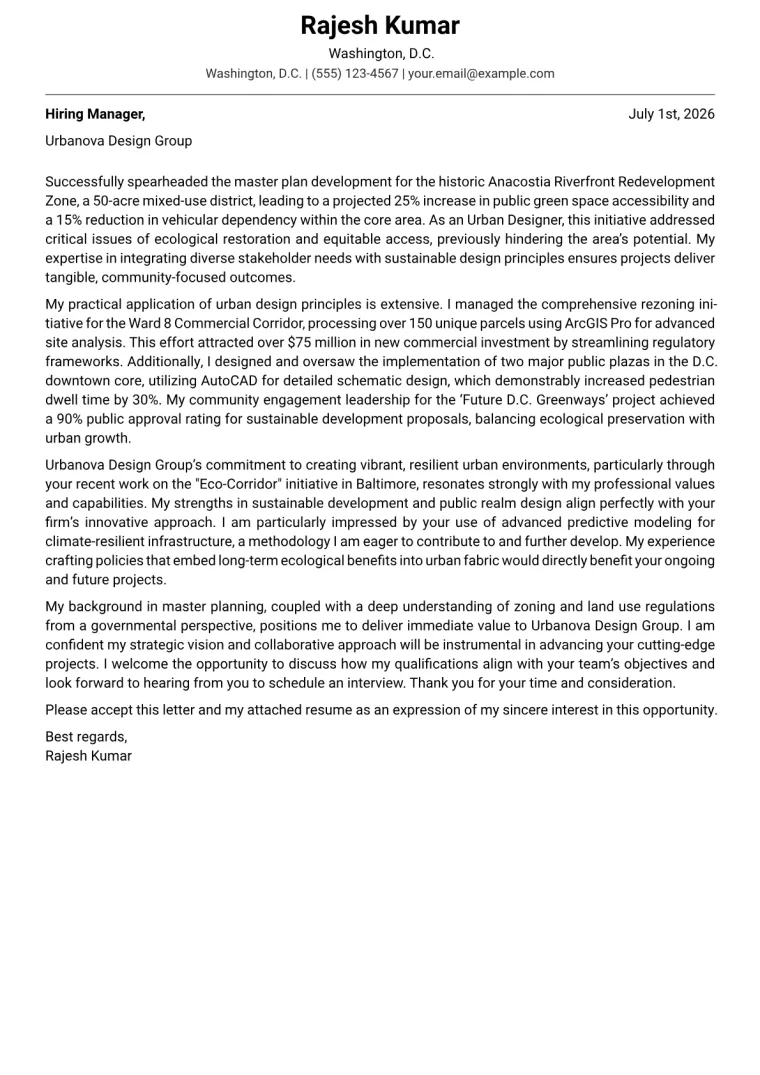 Urban Designer cover letter example preview