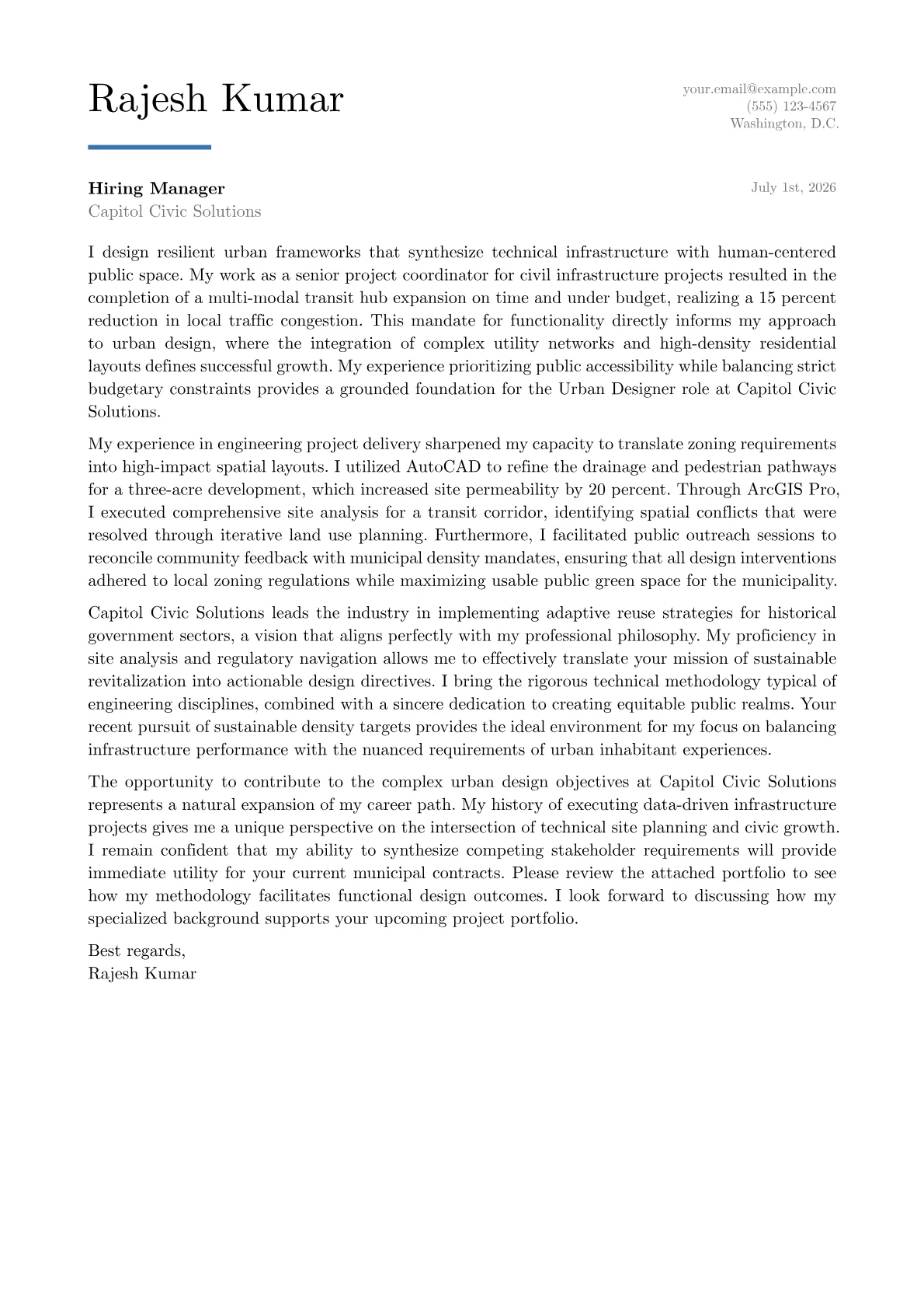 Urban Designer cover letter in the Executive design
