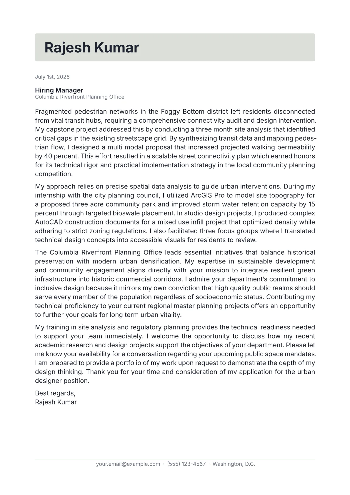 Urban Designer cover letter in the Letterhead design