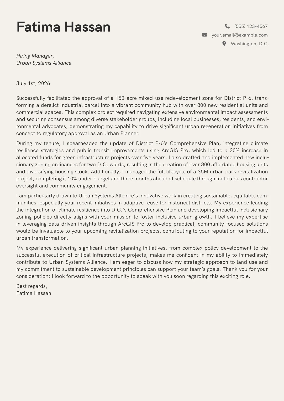 Urban Planner cover letter formatted with a JobSprout template