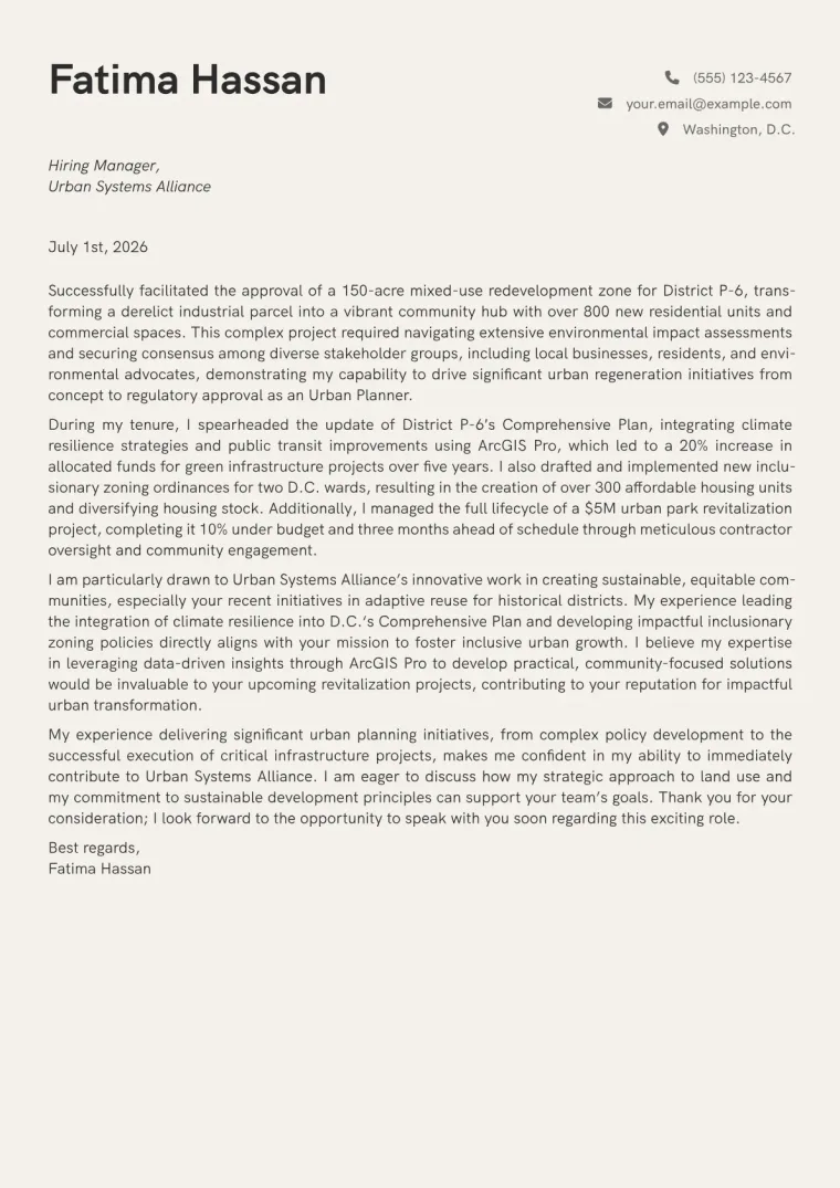 Urban Planner Cover Letter Example