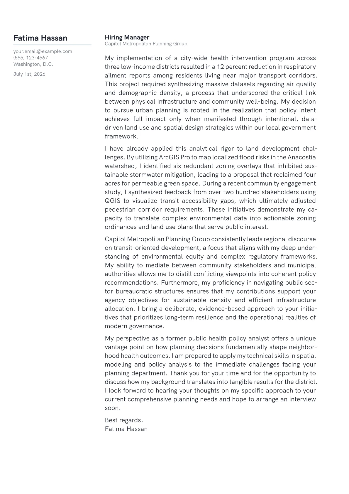Urban Planner cover letter in the Margin design