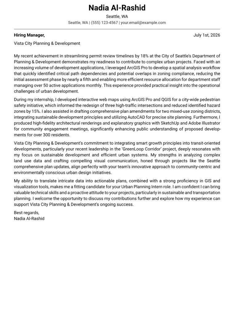 Urban Planning Intern Cover Letter Example + Template (2026)