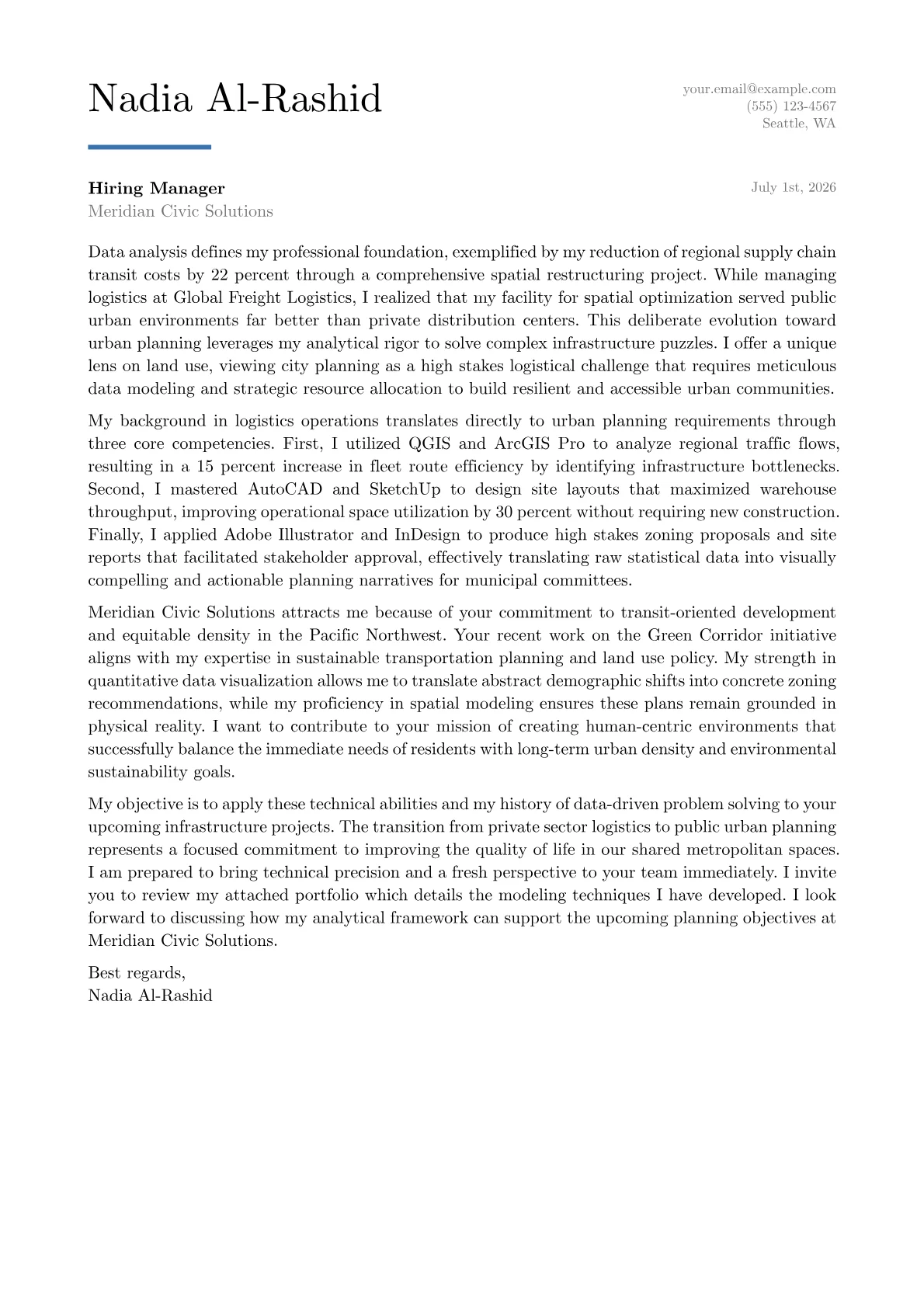 Urban Planning Intern cover letter in the Executive design