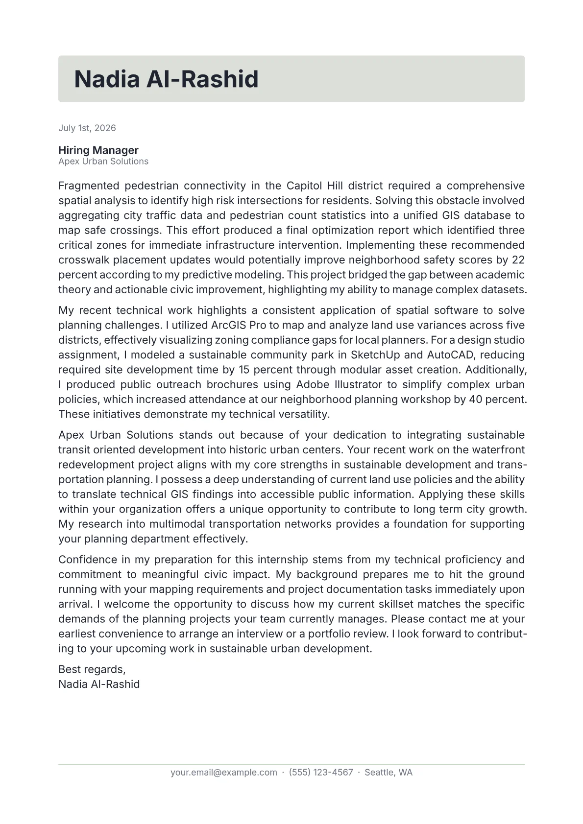 Urban Planning Intern cover letter in the Letterhead design