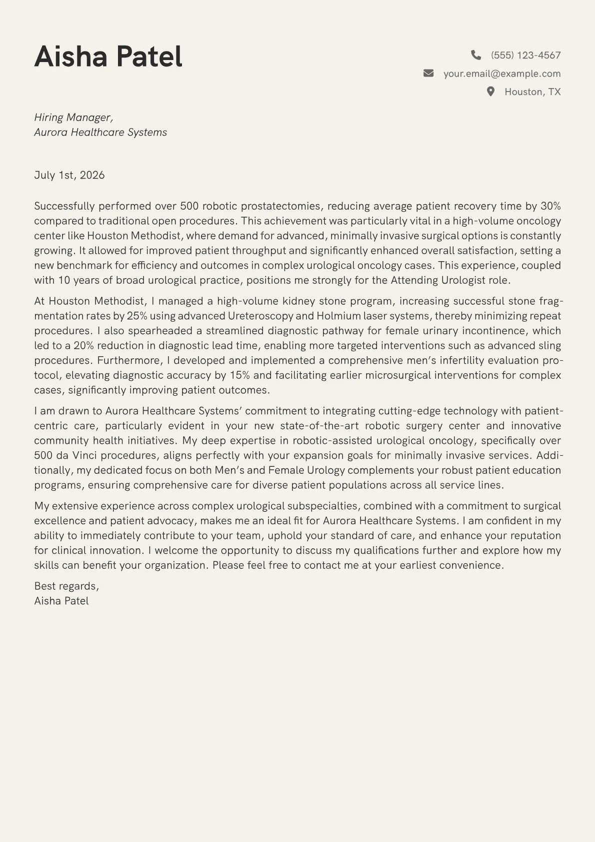 Urologist cover letter formatted with a JobSprout template