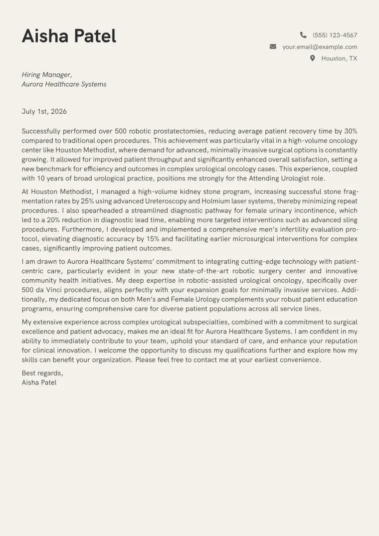 Urologist Cover Letter Example