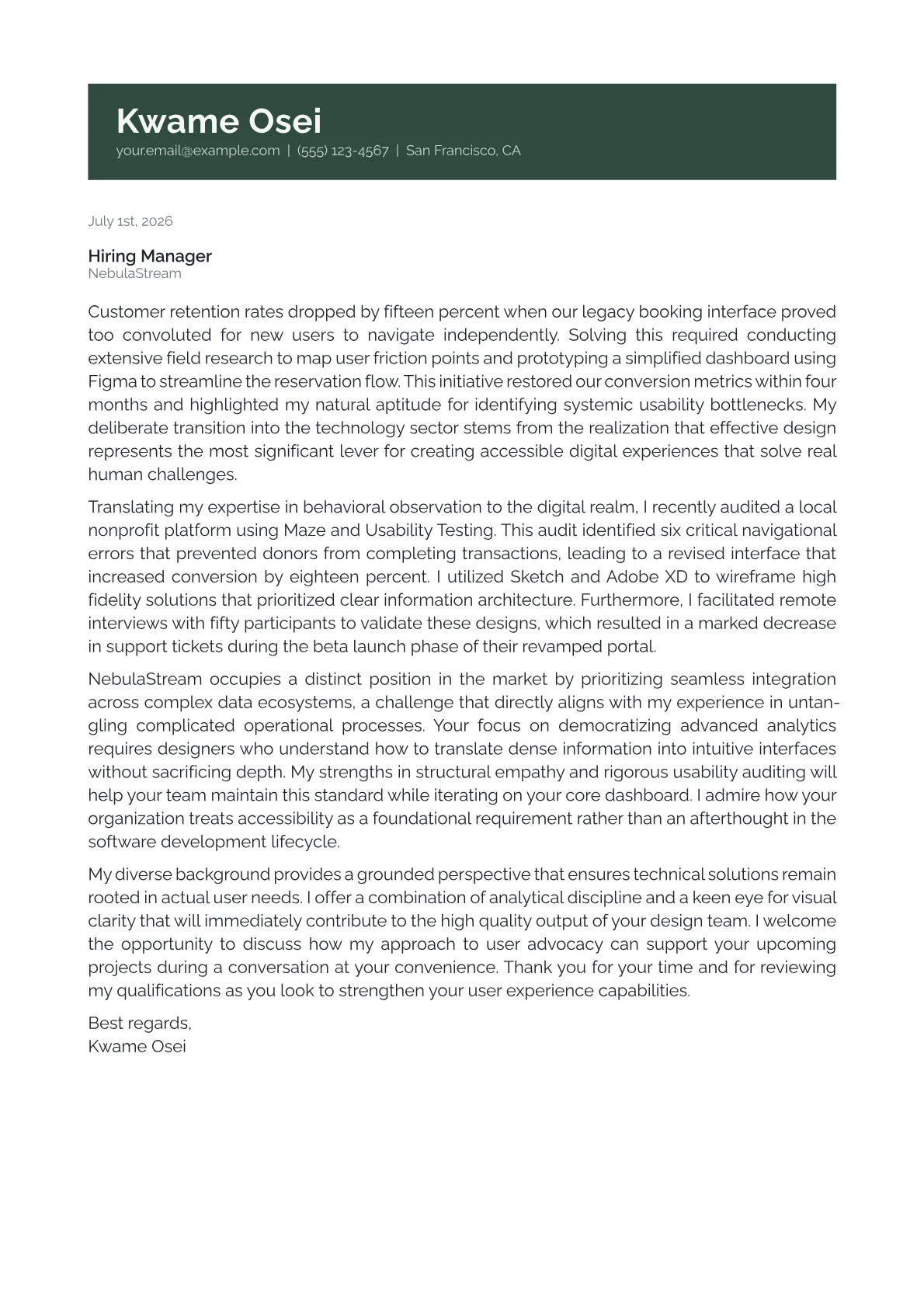 User Experience Designer cover letter in the Banner design