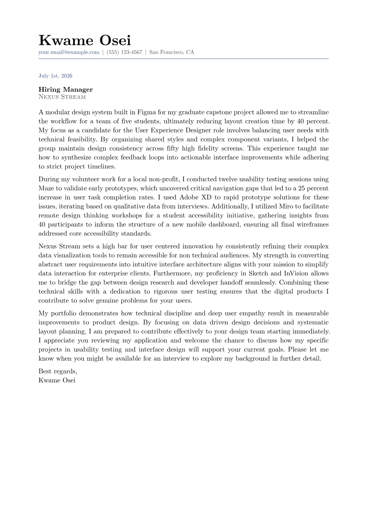 User Experience Designer cover letter in the Classic design