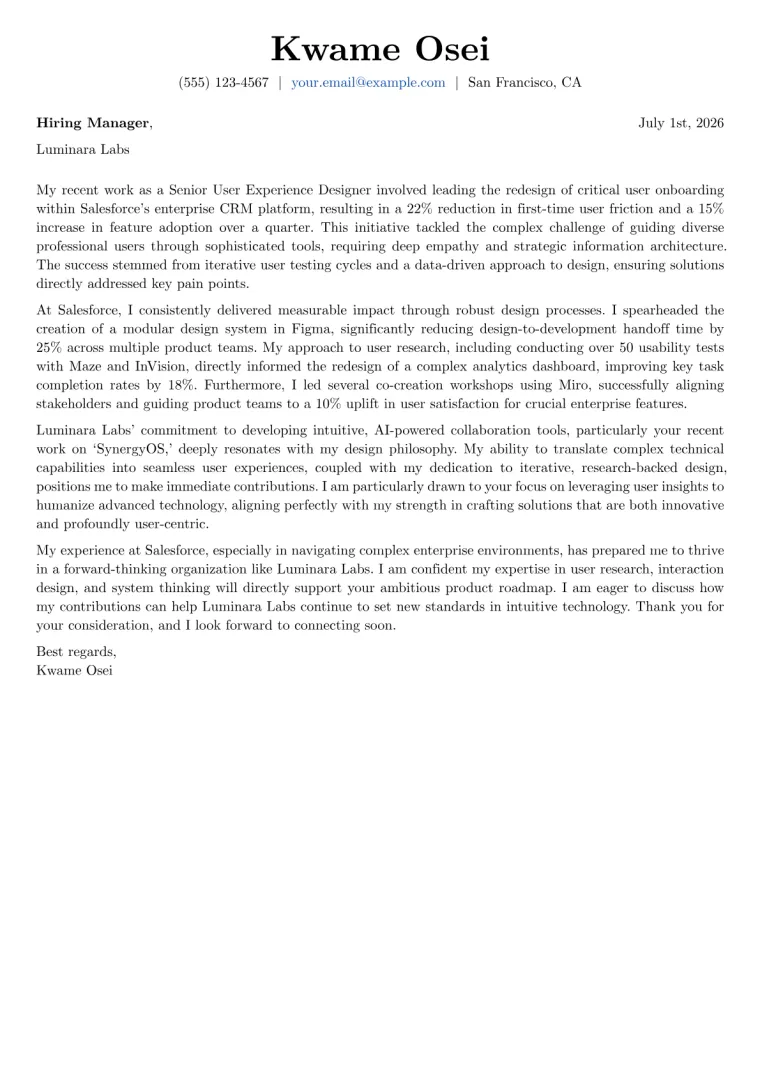 User Experience Designer Cover Letter Example