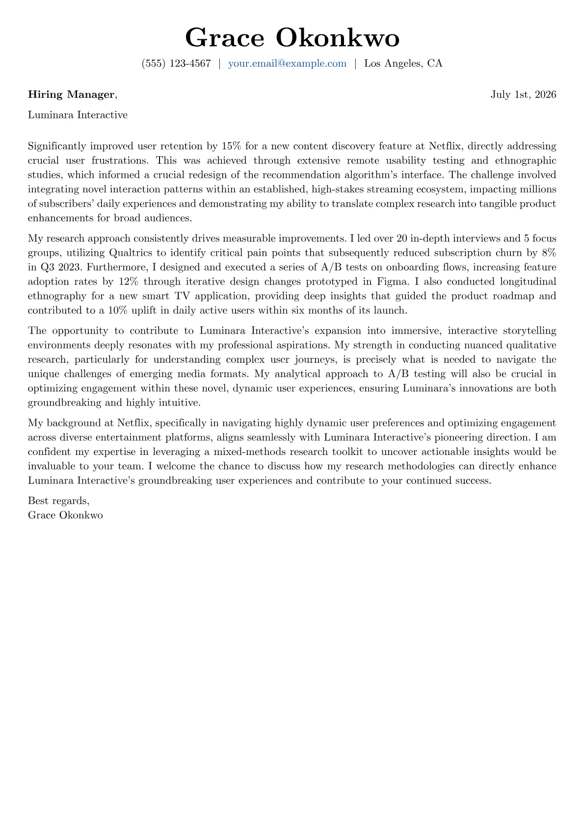 User Experience Researcher cover letter formatted with a JobSprout template