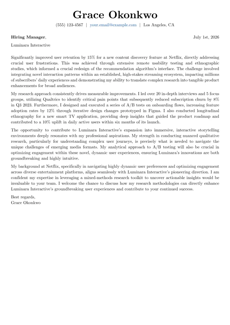 User Experience Researcher cover letter example preview