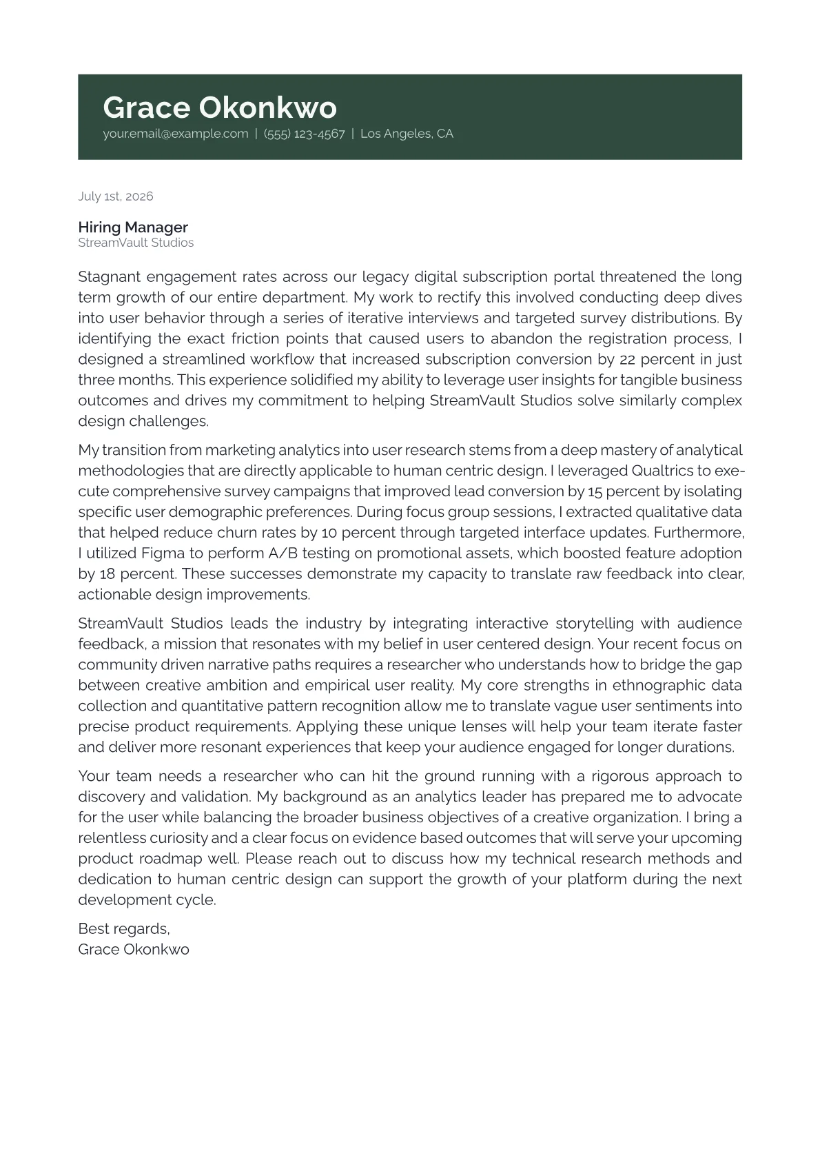 User Experience Researcher cover letter in the Banner design