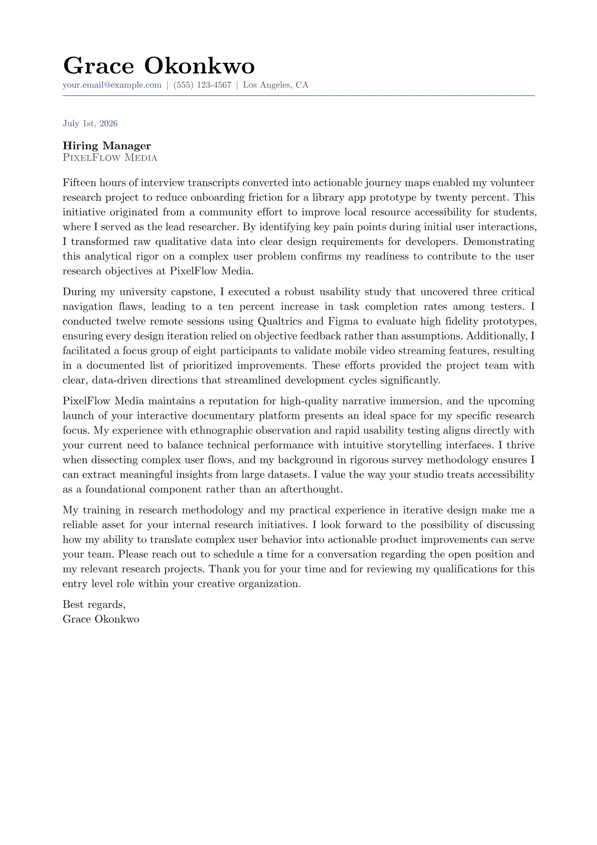User Experience Researcher cover letter in the Classic design