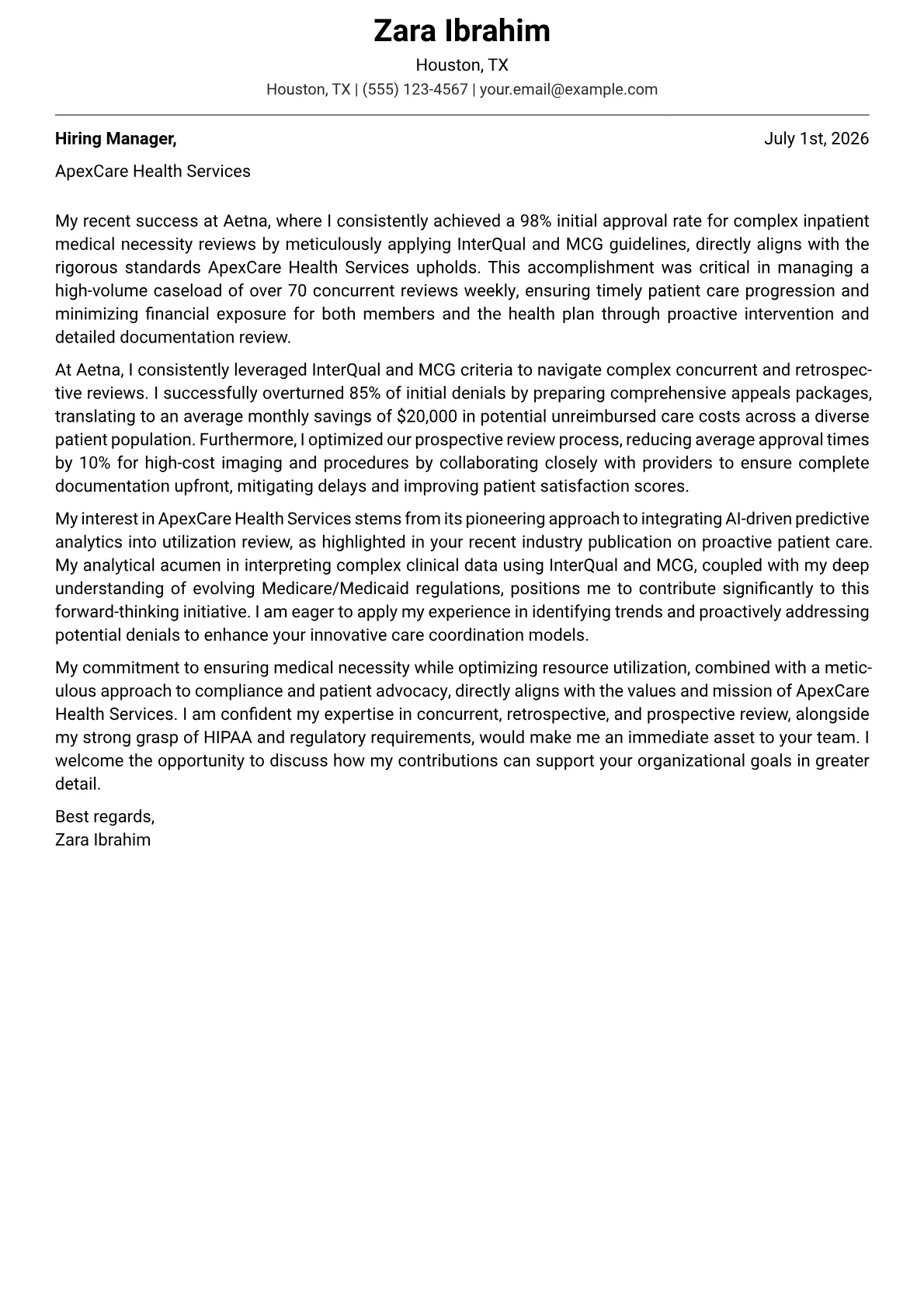 Utilization Review Nurse cover letter formatted with a JobSprout template