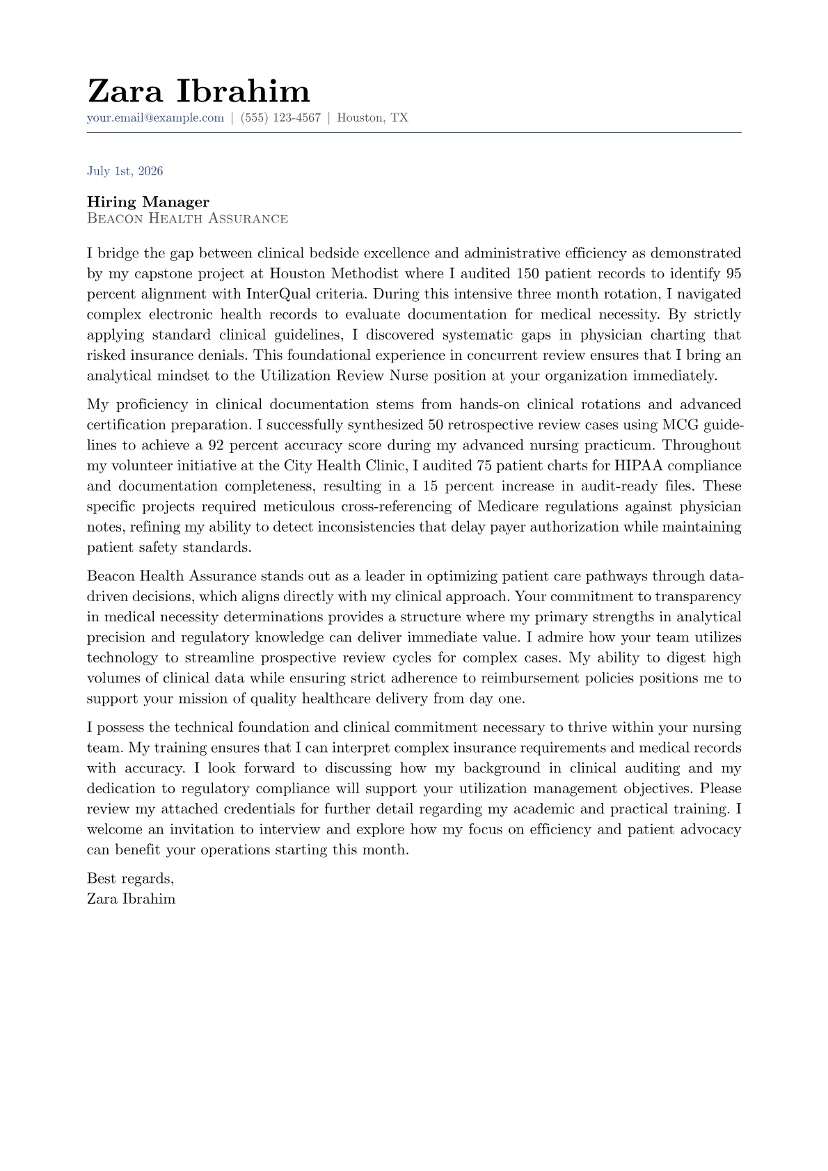 Utilization Review Nurse cover letter in the Classic design