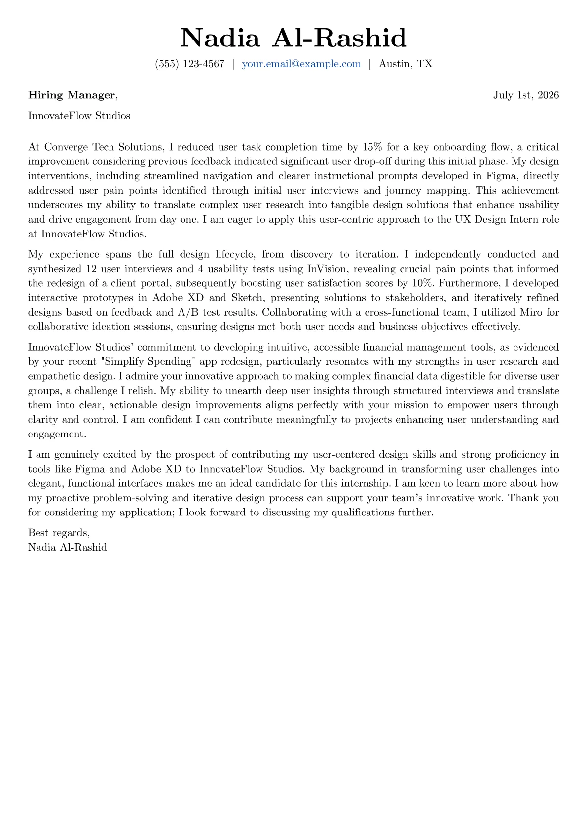UX Design Intern cover letter formatted with a JobSprout template