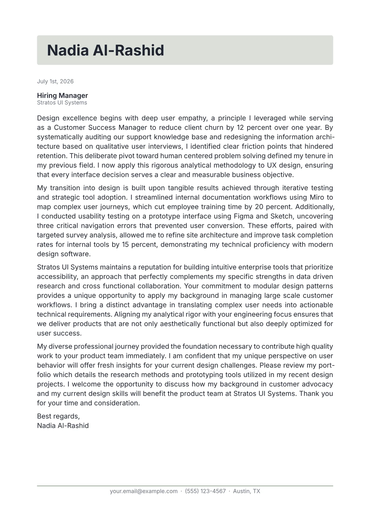 UX Design Intern cover letter in the Letterhead design