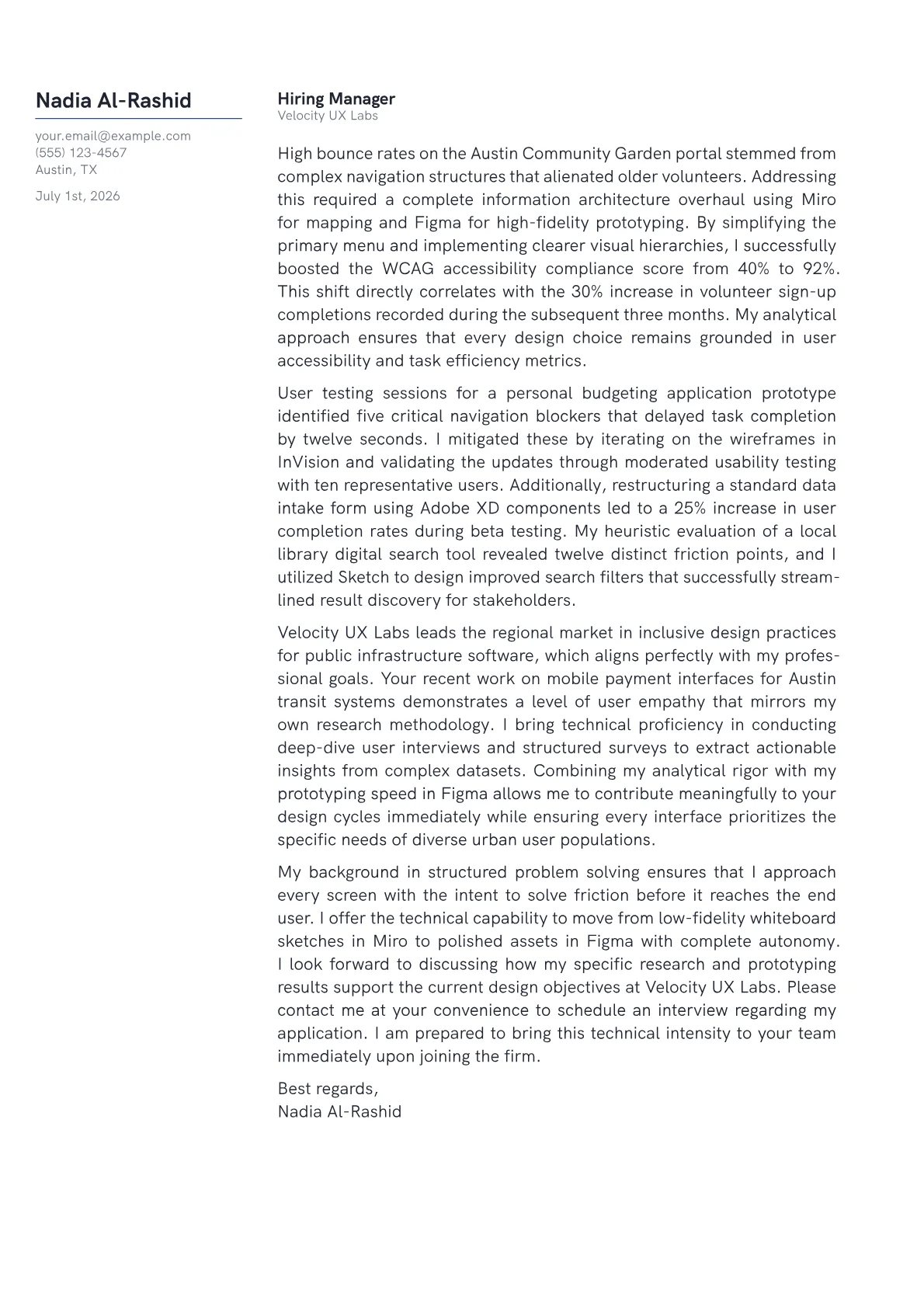 UX Design Intern cover letter in the Margin design