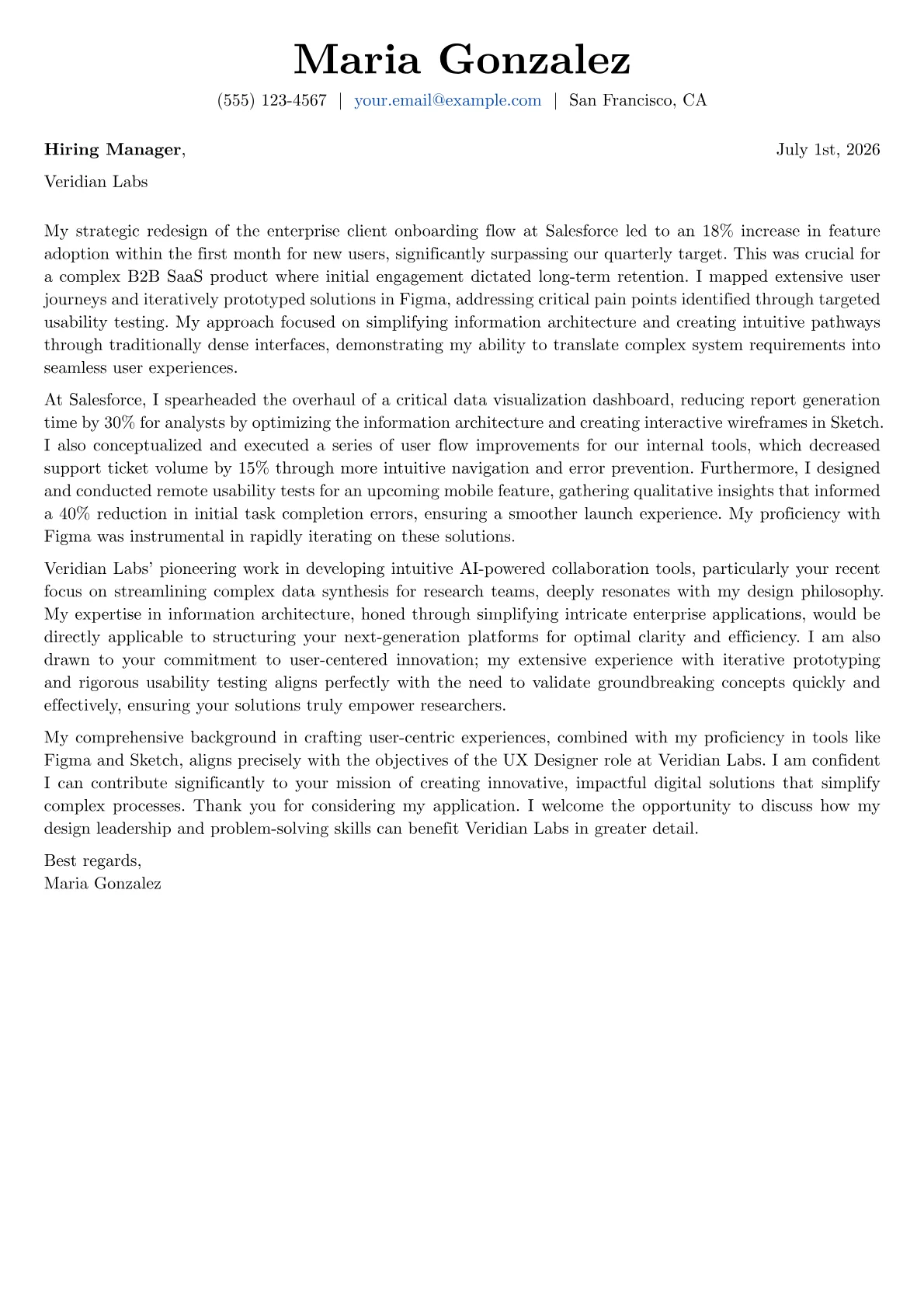 UX Designer cover letter formatted with a JobSprout template