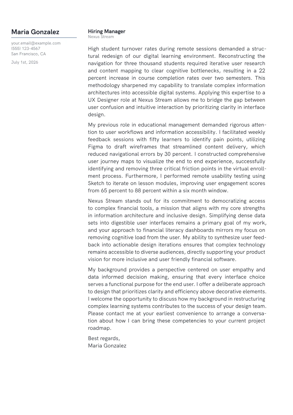UX Designer cover letter in the Margin design