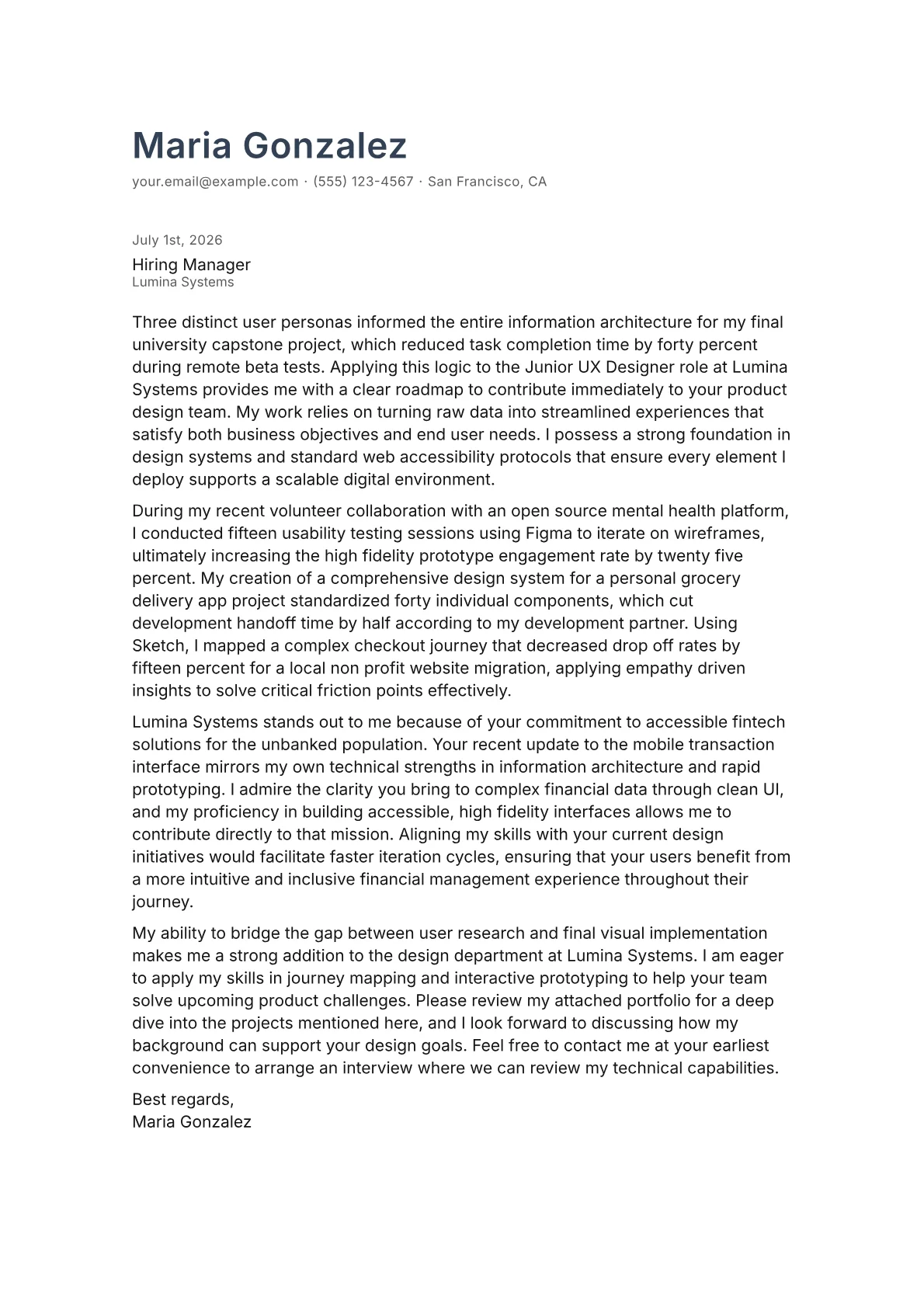 UX Designer cover letter in the Minimal design