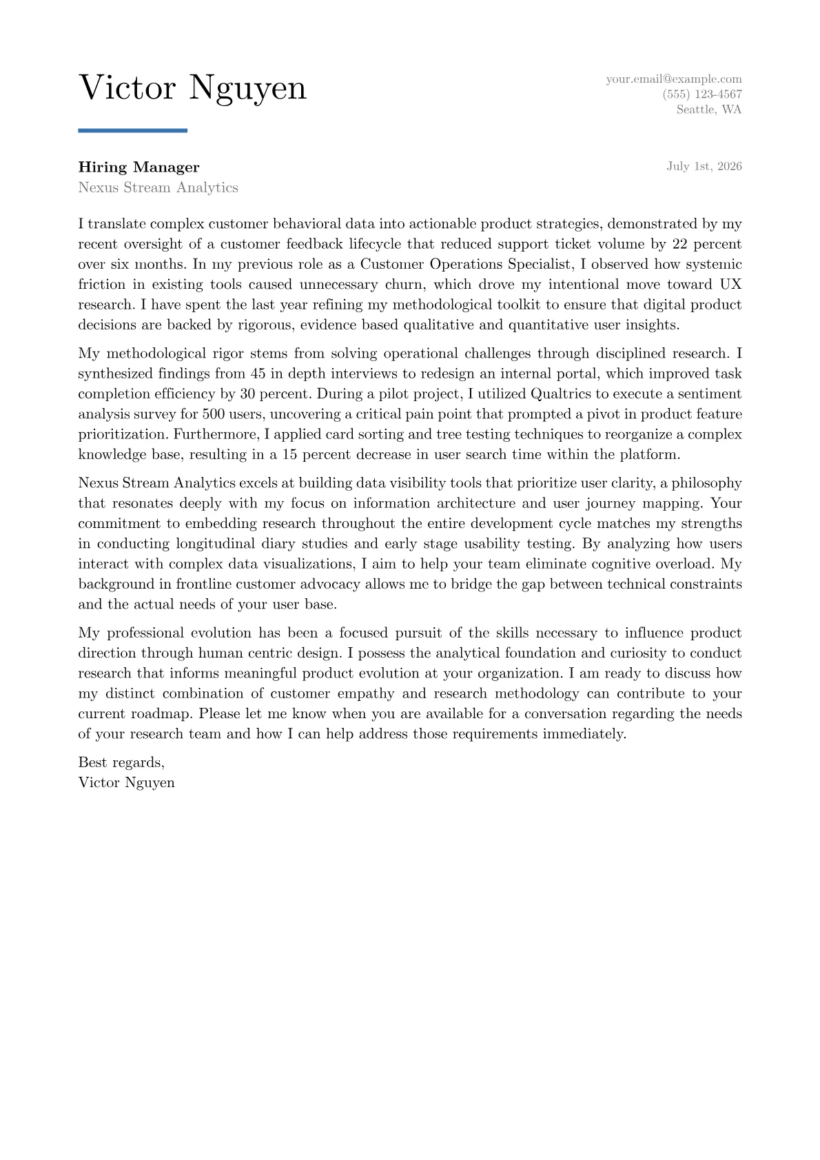 UX Researcher cover letter in the Executive design