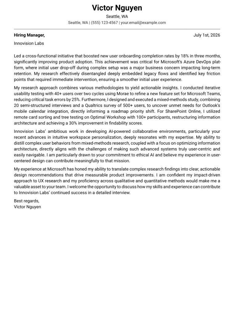 UX Researcher Cover Letter Example