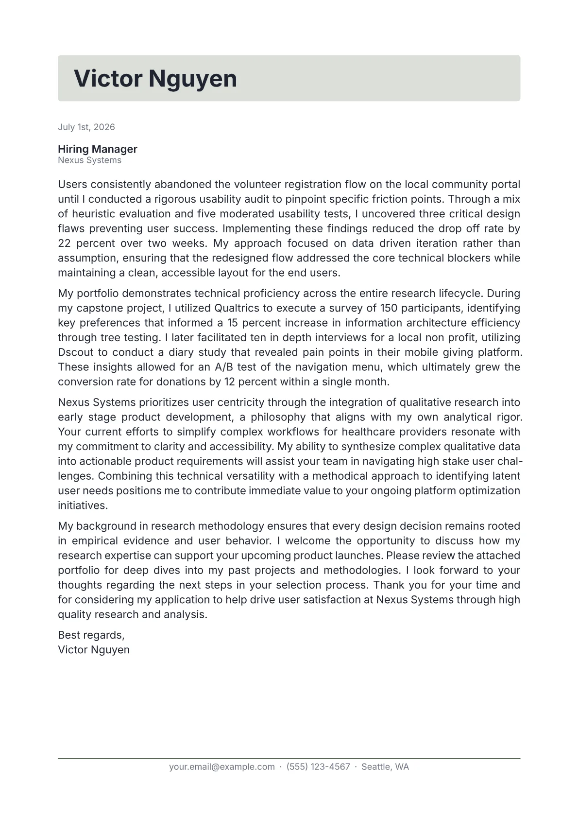 UX Researcher cover letter in the Letterhead design