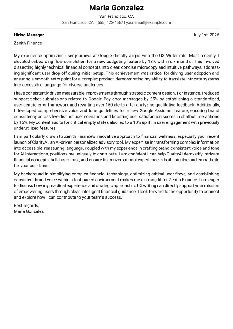 UX Writer cover letter example preview