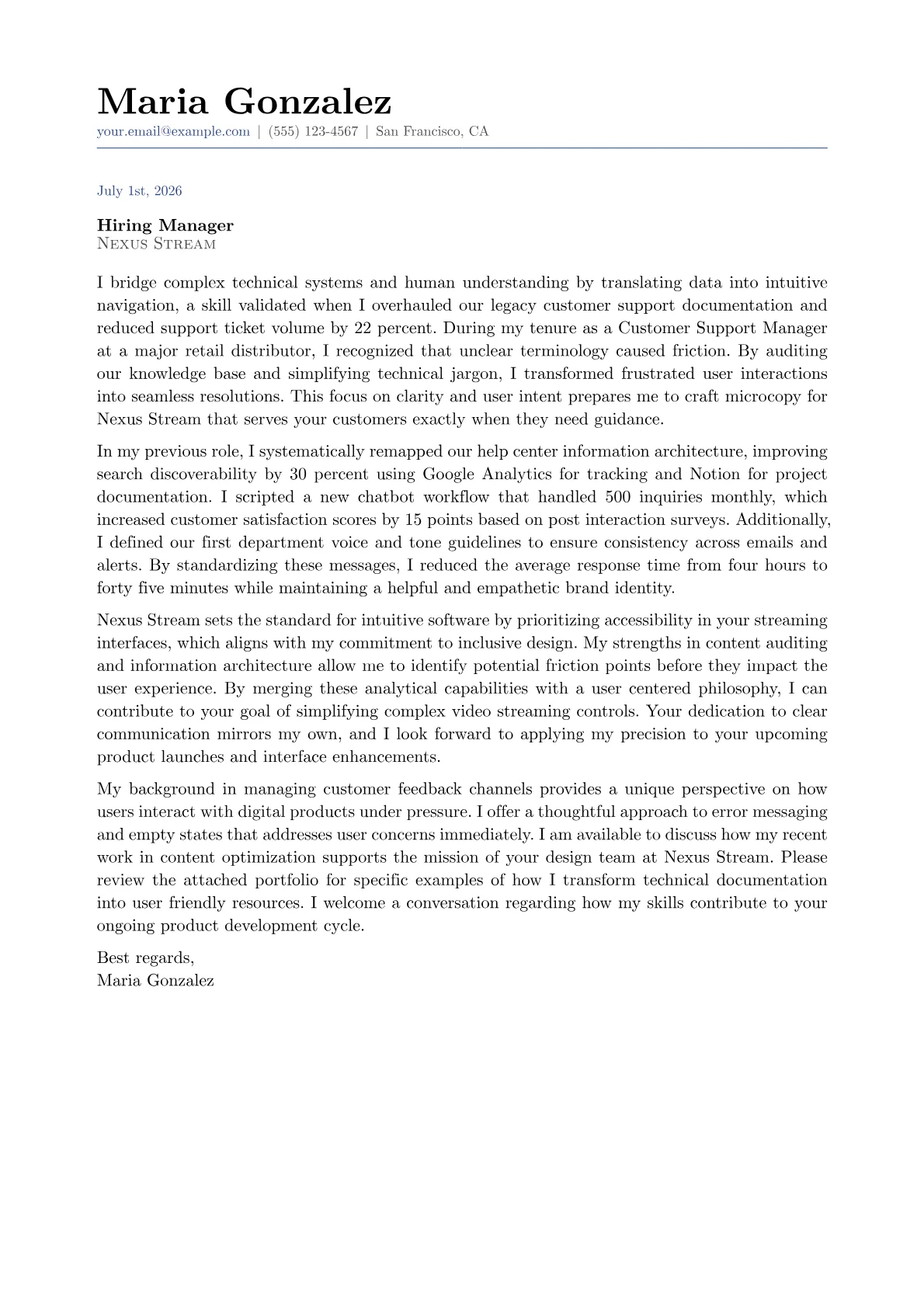 UX Writer cover letter in the Classic design