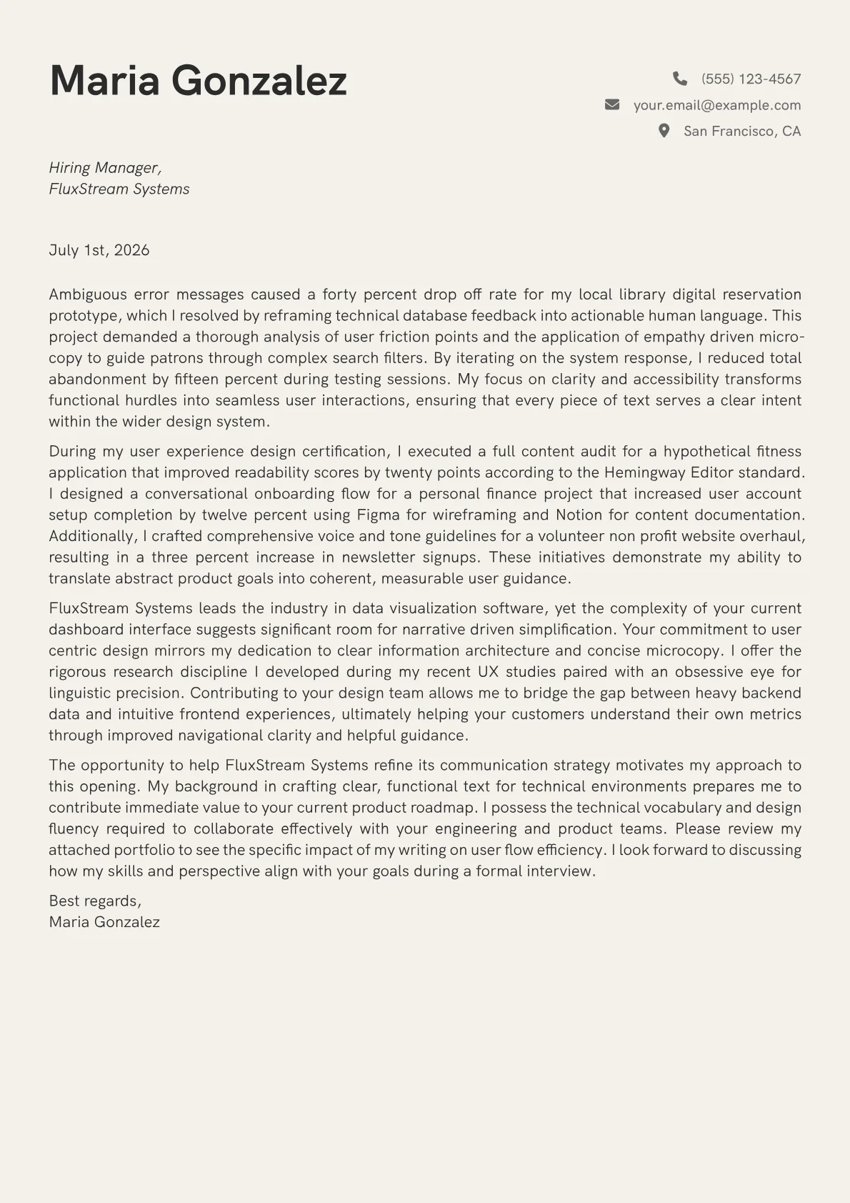 UX Writer cover letter in the Creative design