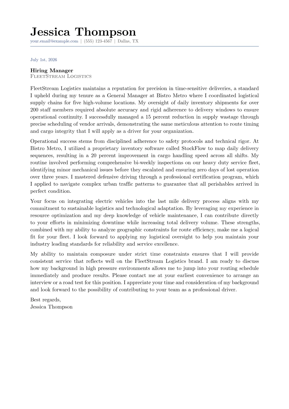 Van Driver cover letter in the Classic design